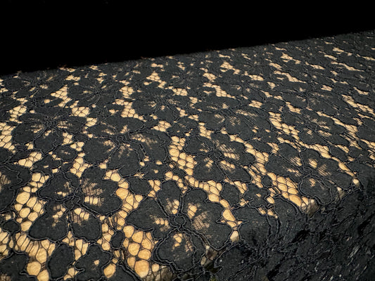 Heavy corded Alencon lace dress fabric with scalloped selvedge, per metre - floral - black