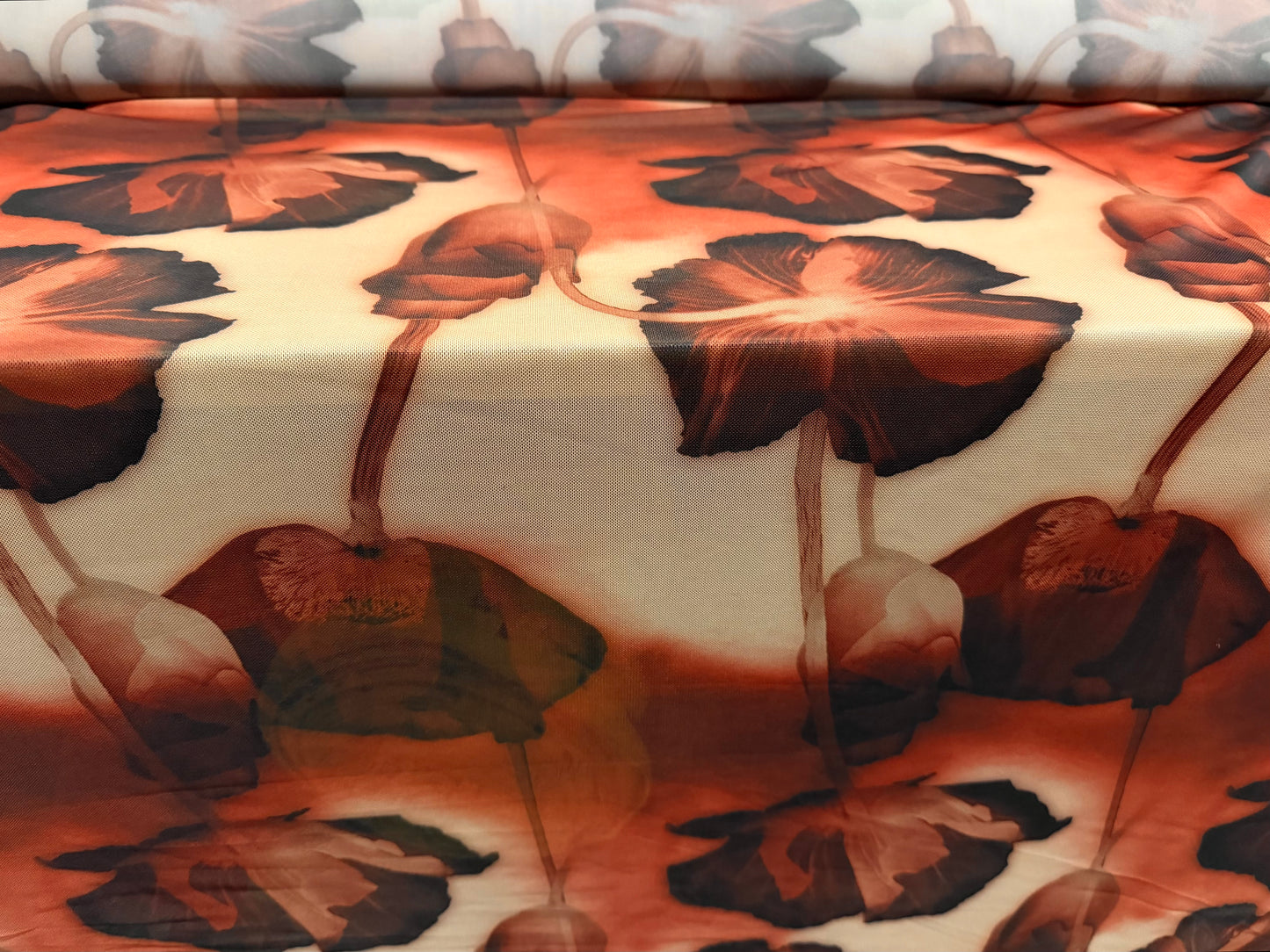Power mesh net stretch spandex fabric, per metre - stylised poppy print - brown rust & beige