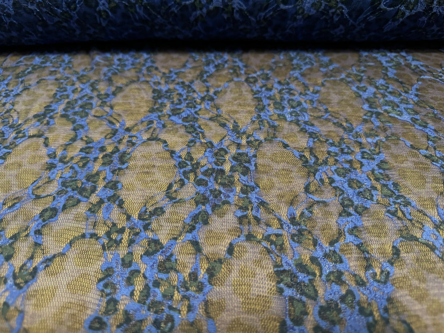 Stretch spandex mesh lace fabric, per metre - leopard animal print - blue