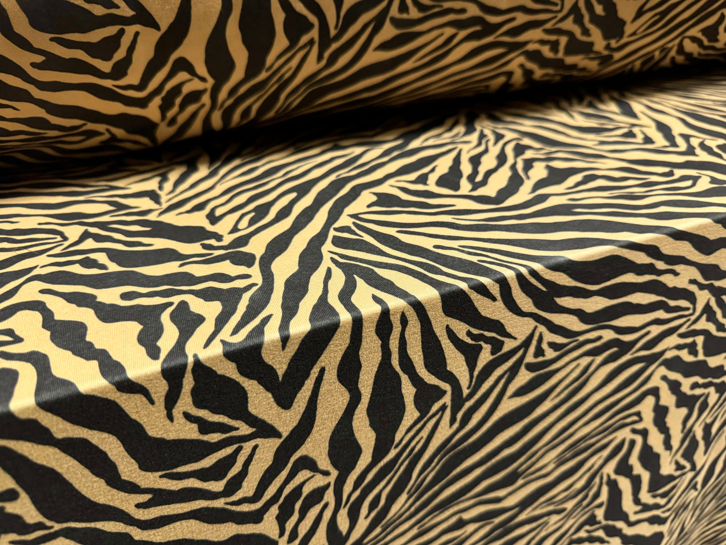 DTY stretch spandex single jersey fabric, per metre - zebra animal print - light brown