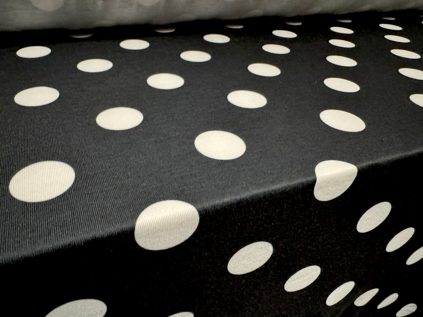 Soft handle stretch single jersey fashion fabric, per metre - polka dot print - black & white