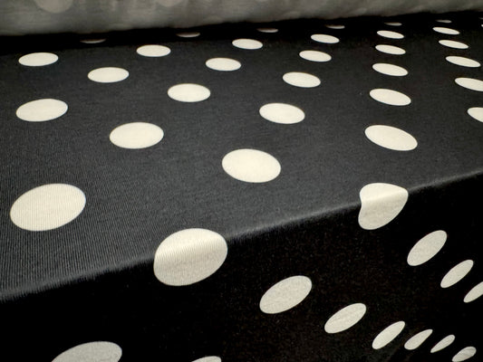 Soft handle stretch single jersey fashion fabric, per metre - polka dot print - black & white