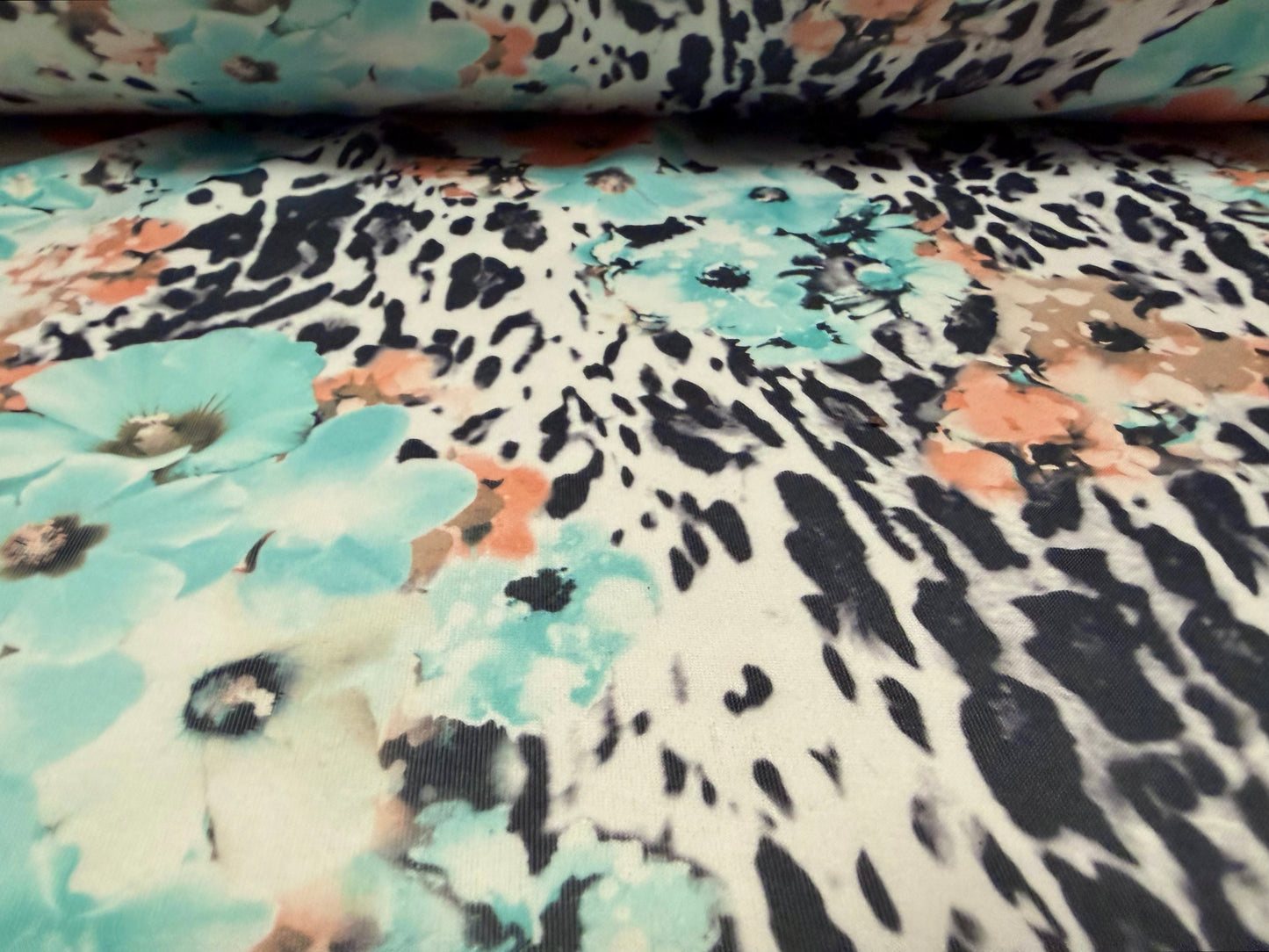 Scuba stretch spandex double jersey fabric, per metre - African Queen print - aqua & peach