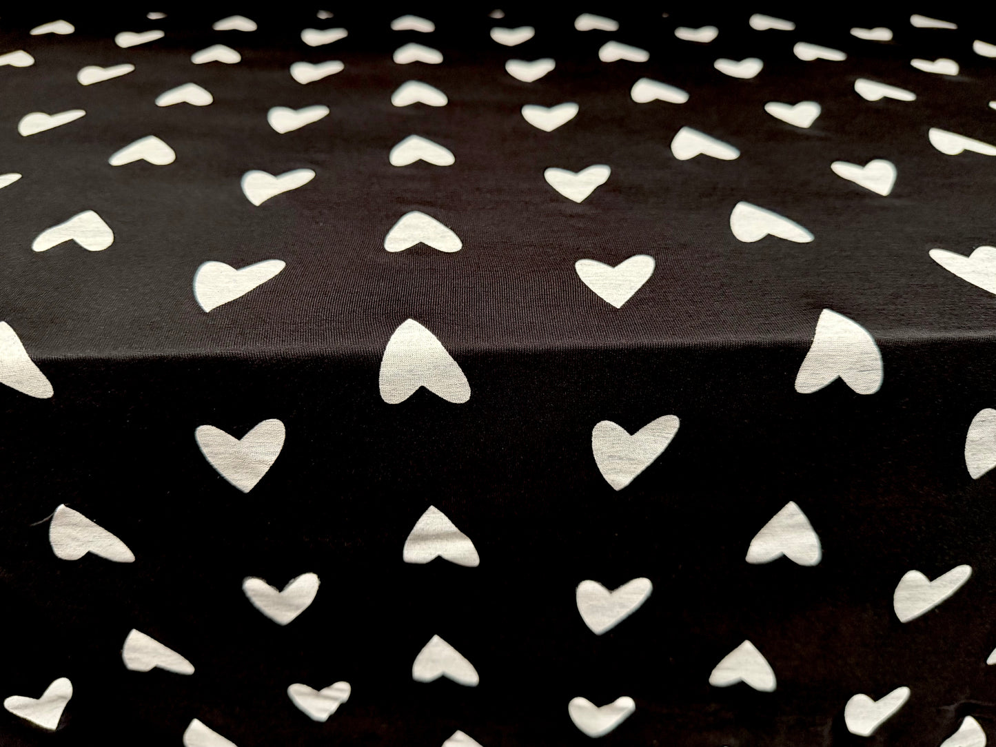 Viscose spandex stretch single jersey fabric, per metre - love heart print - black & white