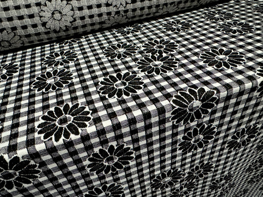 Stretch spandex double jersey fabric, per metre - daisies on gingham jacquard - black & white