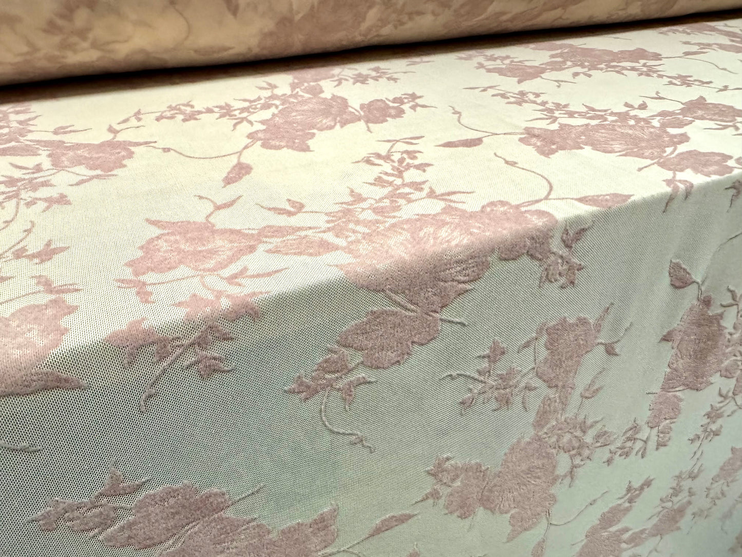 Power mesh net sheer stretch spandex fabric, per metre - flocked rose print - skin tone & dusky