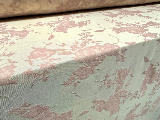 Power mesh net sheer stretch spandex fabric, per metre - flocked rose print - skin tone & dusky