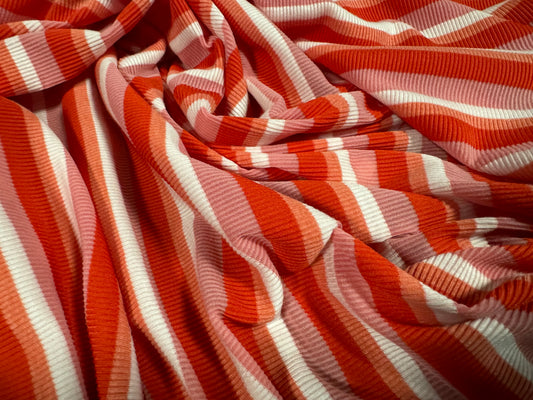 Stretch Spandex rib jersey fabric, per metre - stripe - orange pink & white