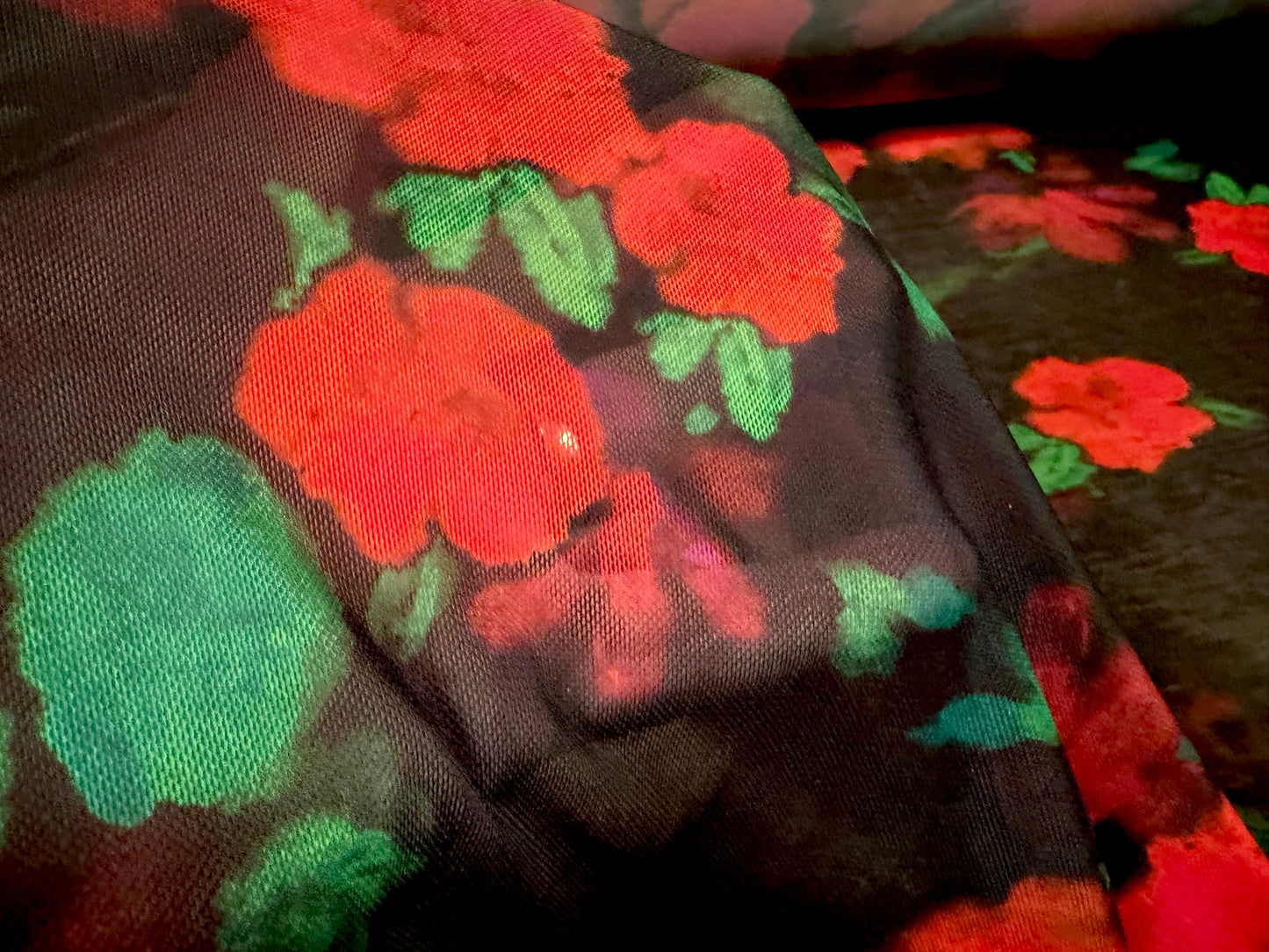 Power mesh net stretch spandex fabric, per metre - wild rose print - bright scarlet & black