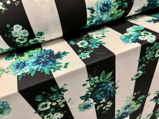 Soft handle single jersey fabric, per metre - floral stripe print - black white & turquoise