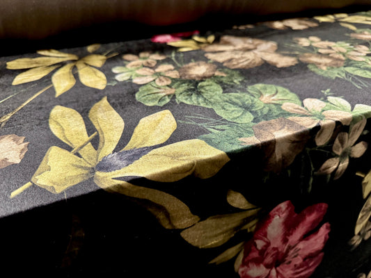 Spandex velvet stretch dress fabric, per mere - lily floral print - black sage & fuchsia
