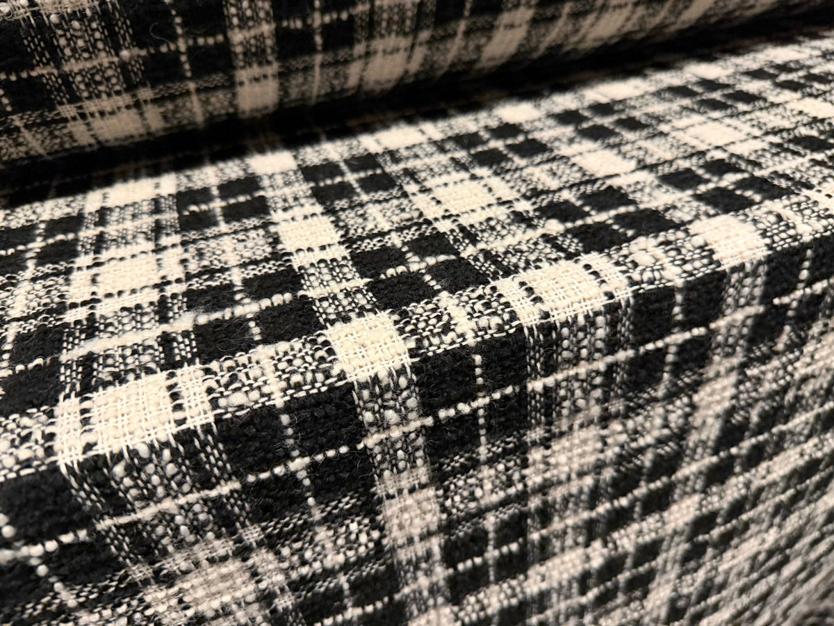 Heavyweight wool bouclé fabric, per metre - check - black & ivory