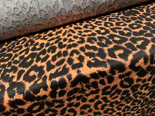 Stretch crepe spandex jersey fabric, per metre - cheetah animal print - orange brown