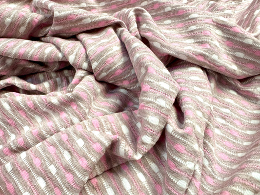 Stretch jersey fashion fabric, per metre - dobby stripe jacquard - pink & grey