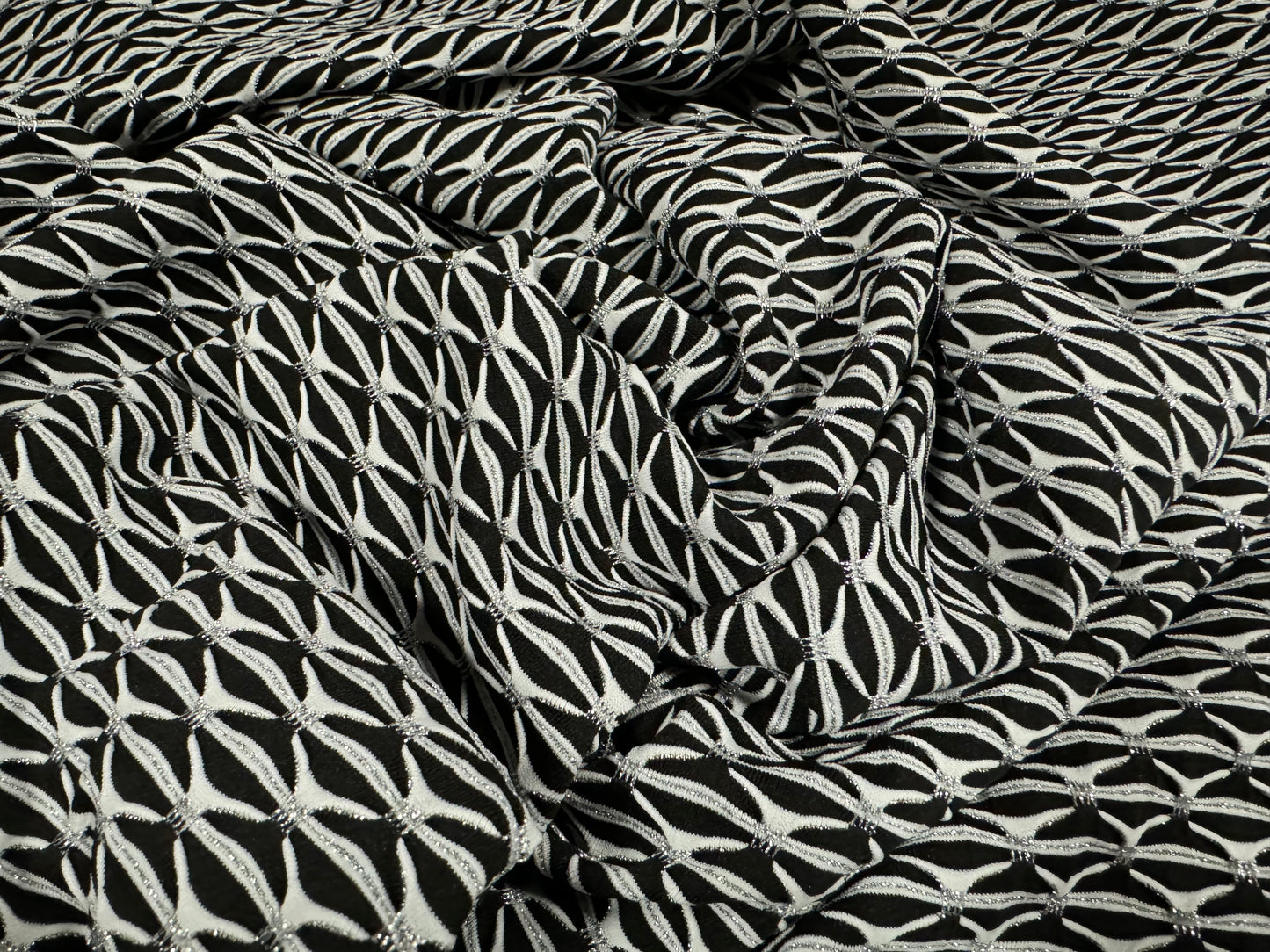 Metallic stretch double jersey fashion fabric, per metre - jacquard - black & white with silver lurex