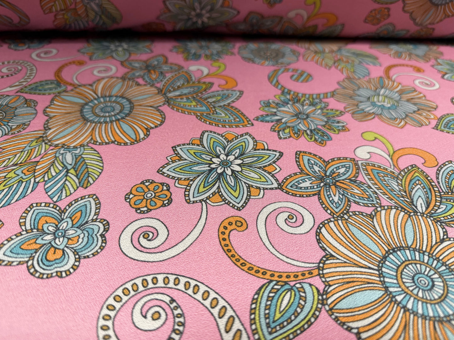 Stretch spandex crepe jersey fabric, per metre - retro floral print - pink & turquoise