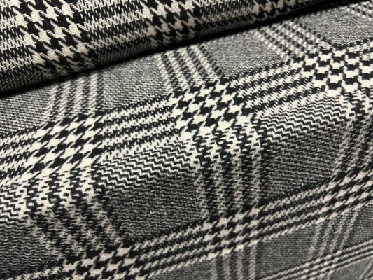 Wool blend coat jacket fabric, per metre - Prince of Wales check Jacquard - black & white