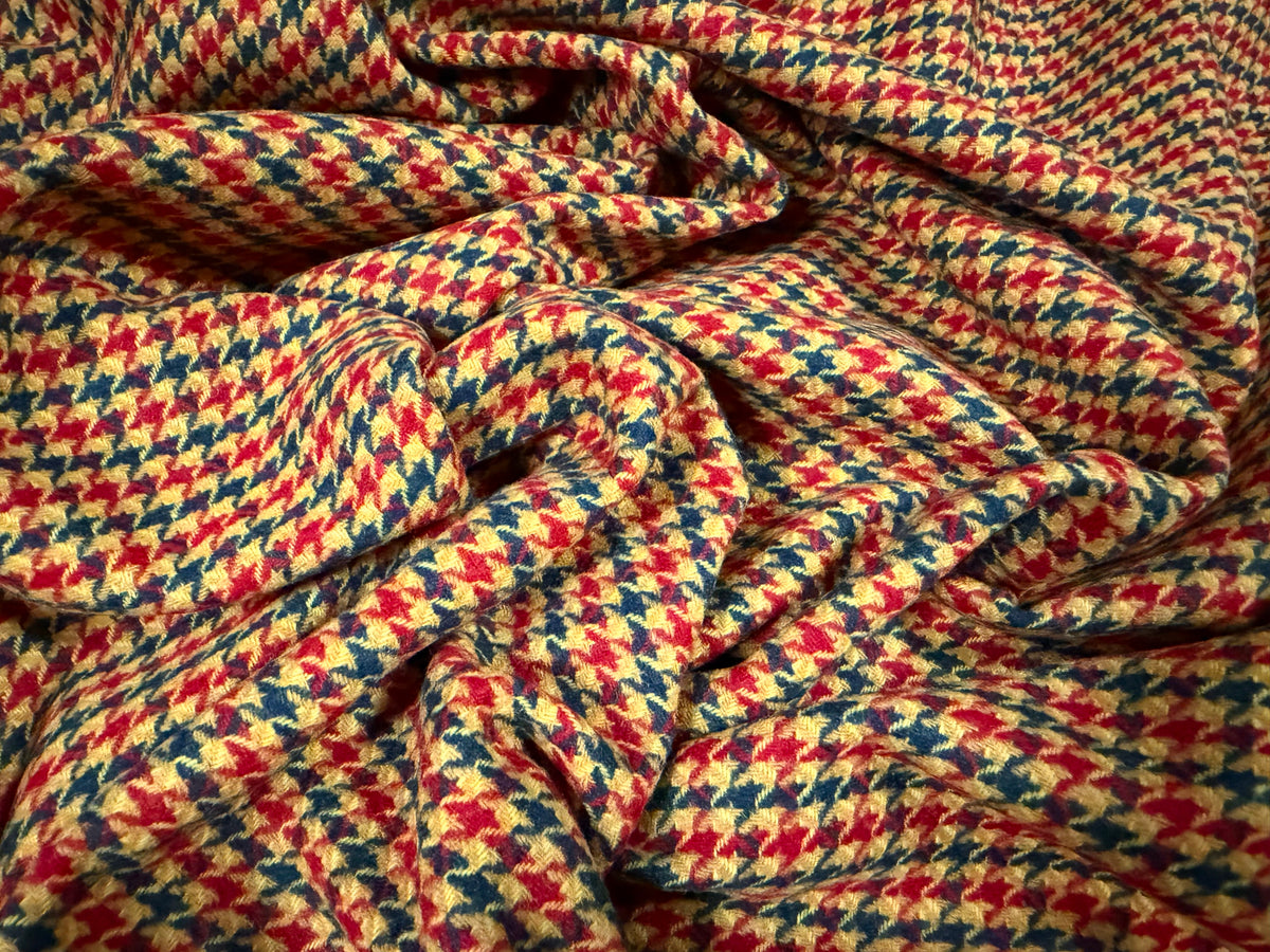 Wool flannel coat jacket fabric, per metre - dogtooth - red blue & gold