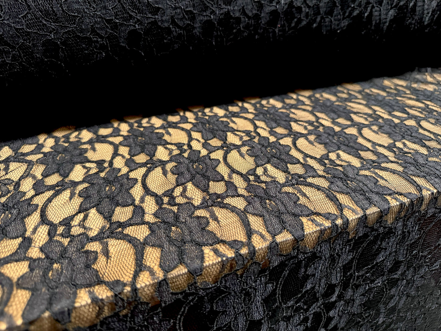 Corded Alencon lace dress fabric with decorative selvedge, per metre - flower pattern - black