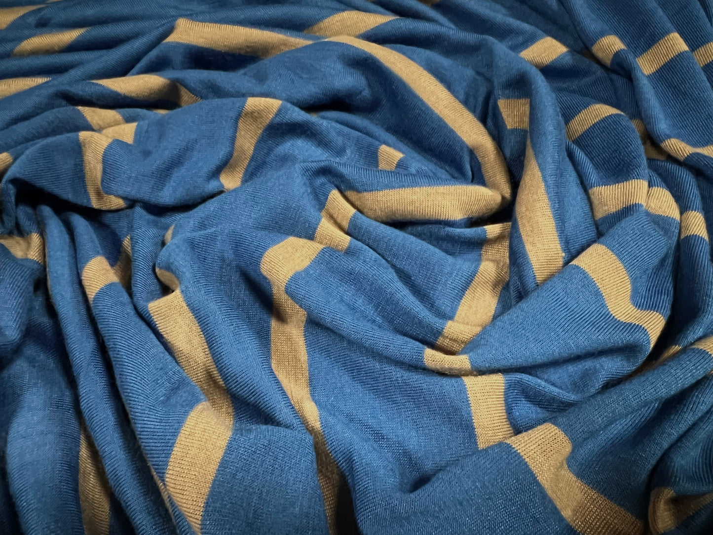 Viscose spandex stretch single jersey fabric, per metre - stripe - blue & stone