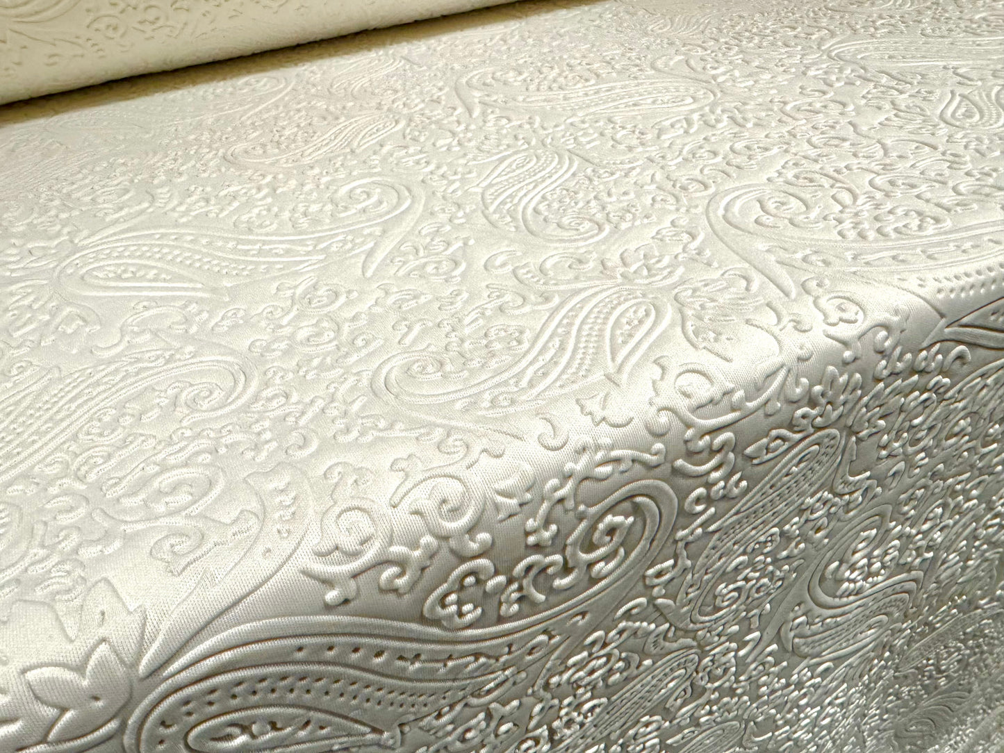 Embossed scuba stretch spandex double jersey fabric, per metre - paisley - ivory