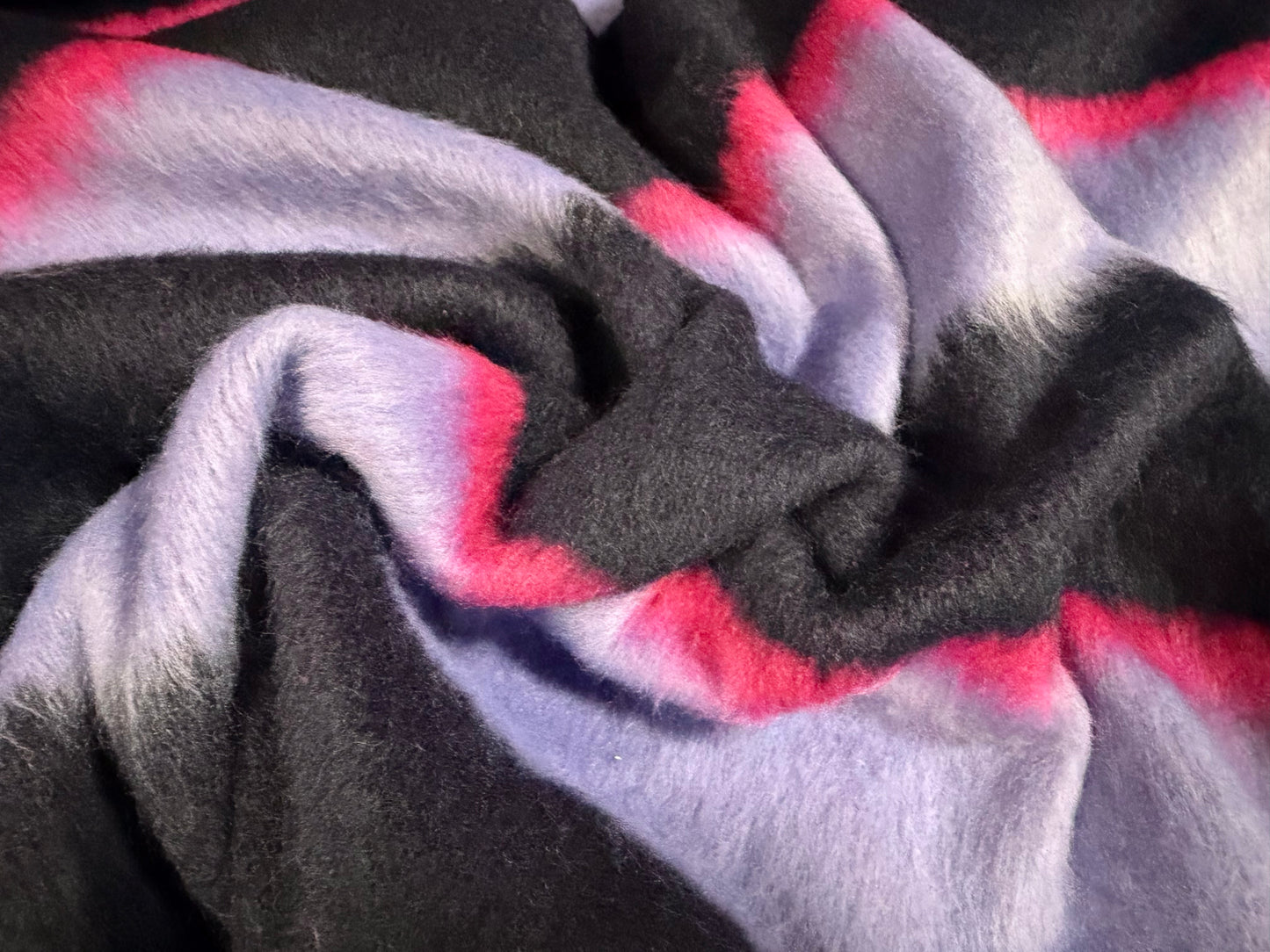 Wool faux fur fabric, per metre - stripes - navy lilac & pink