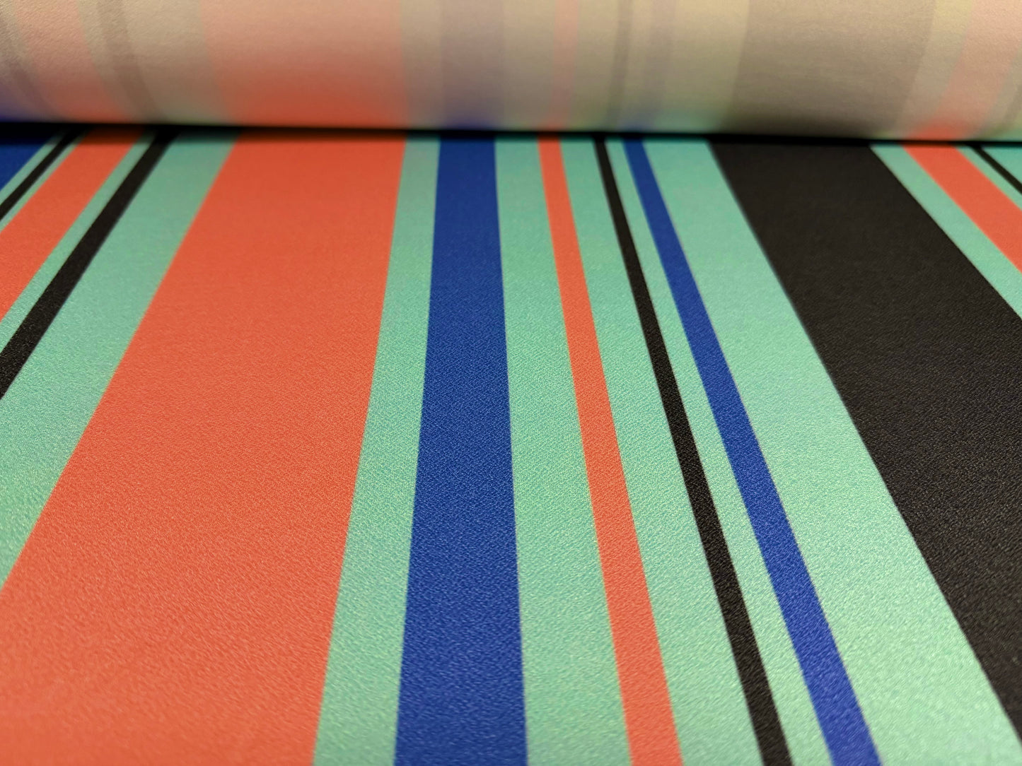Valentino crepe stretch spandex jersey fabric, per metre - Roman stripe print - duck egg violet & coral