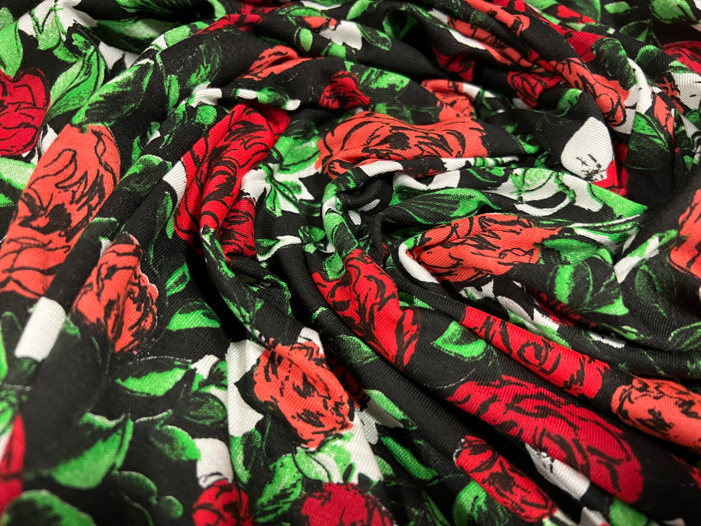 Viscose spandex stretch single jersey fabric, per metre - rose flower print - black red & green