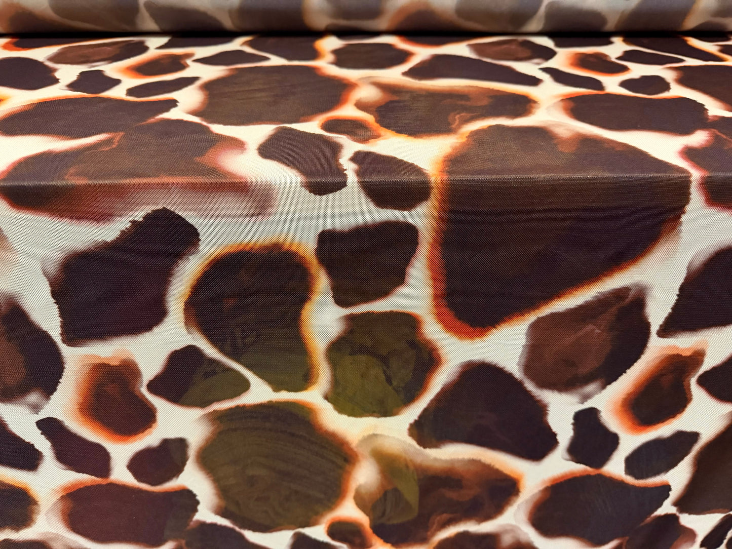 Power mesh net stretch spandex fabric, per metre - giraffe print - brown orange & cream