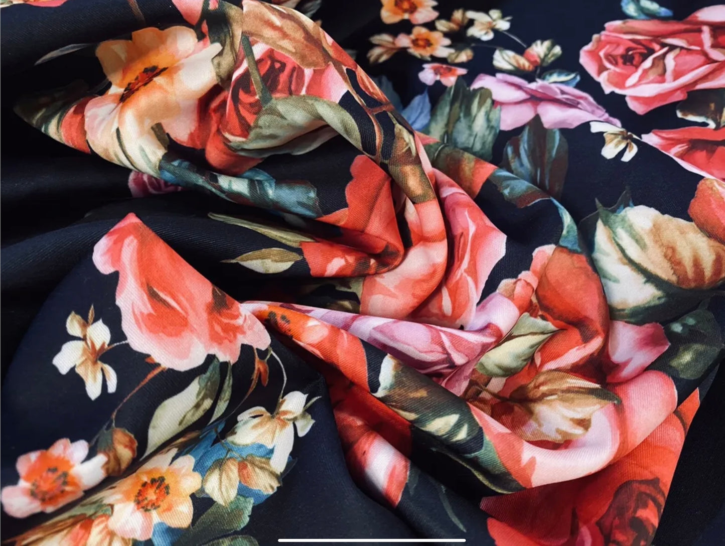 Scuba stretch spandex double jersey dress fabric, per metre - digital roses print - black