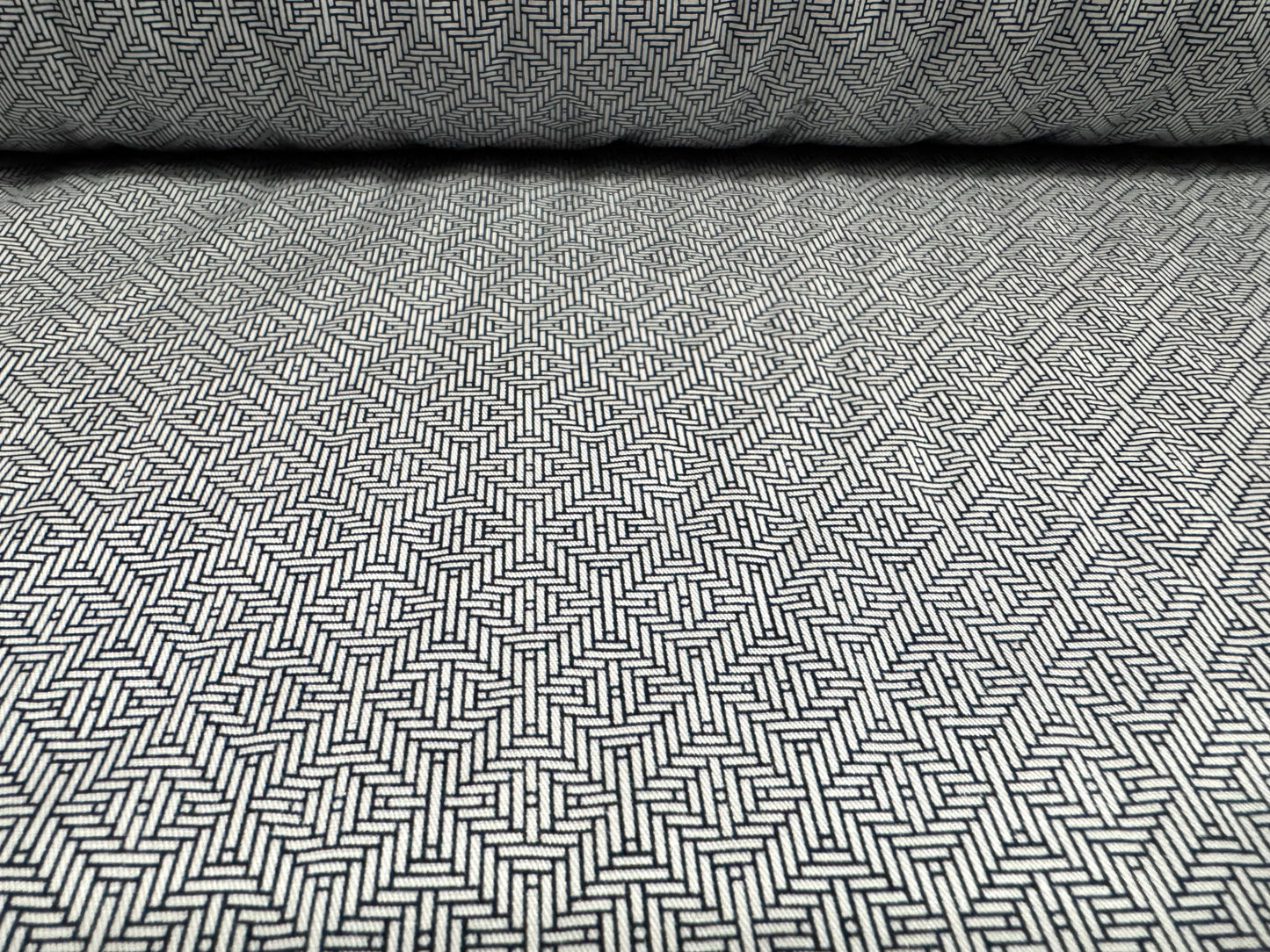 Cotton viscose blend woven fashion fabric, per metre - geometric print - grey & navy