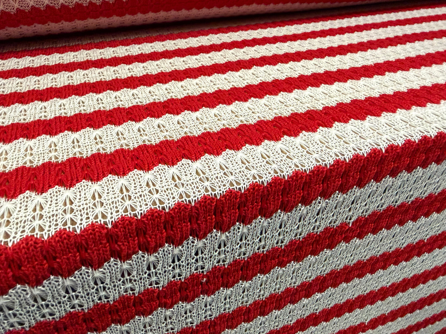 Crochet knit jersey fabric, per metre - stripe - red & white
