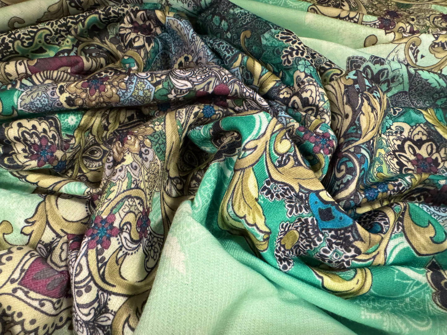 French Terry loopback sweatshirt jersey fabric, per metre - paisley print - jade & mint green