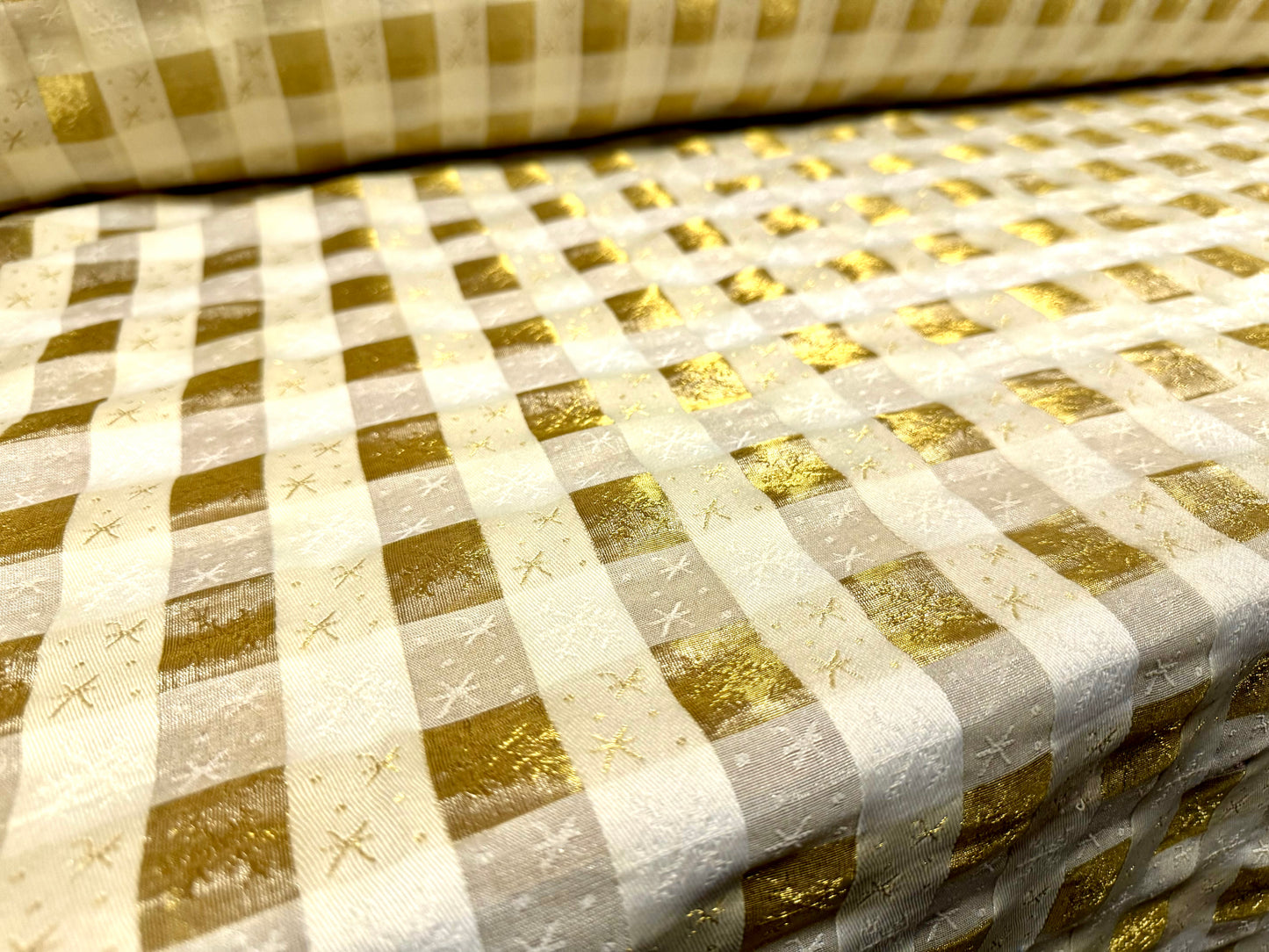 Taffeta faux silk fabric - metallic gingham and snowflake jacquard - gold & cream