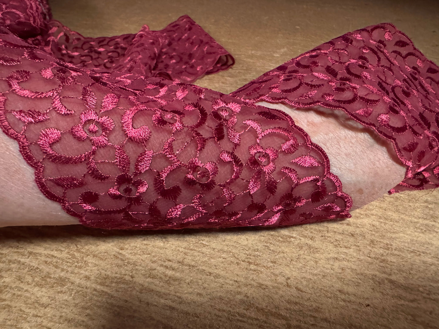 Broderie Anglais chiffon edging trim fabric with scalloped selvedges, per metre - burgundy