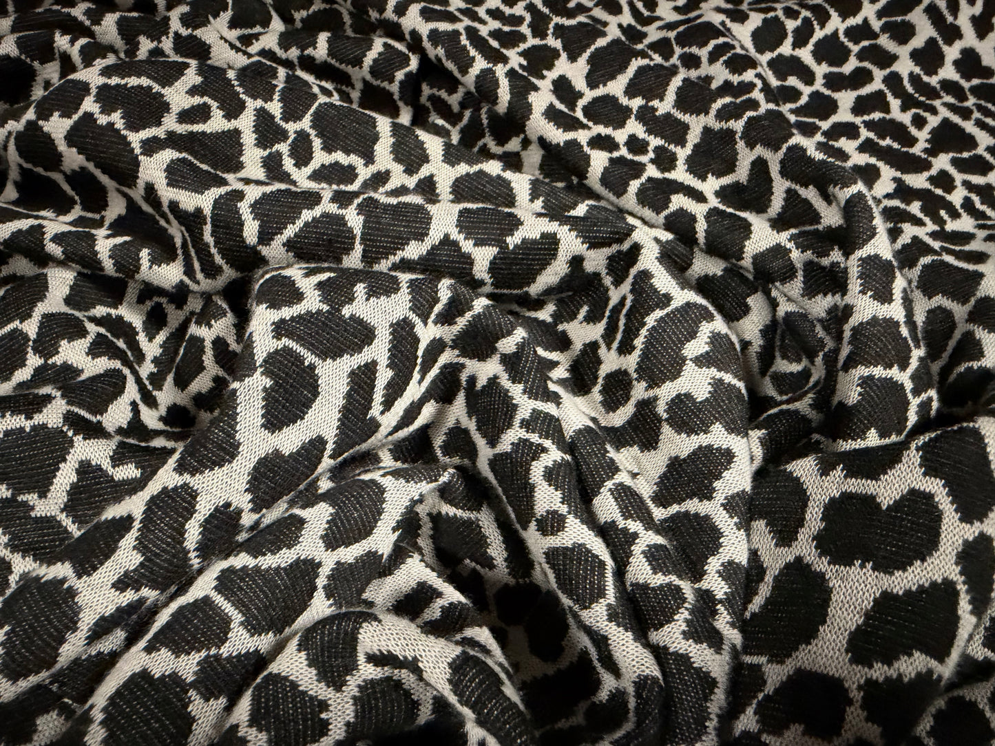 Double jersey stretch knitwear fabric, per metre - leopard animal print - grey & black