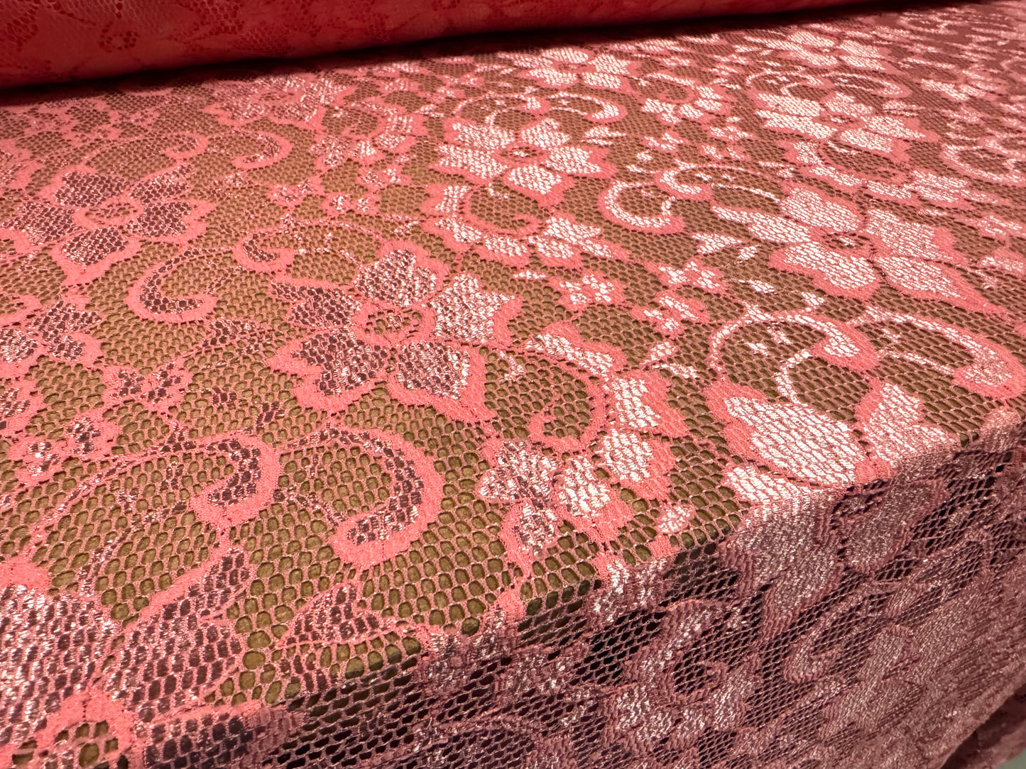 Stretch spandex lace dress fabric with scalloped selvedge, per metre - floral - flamingo pink