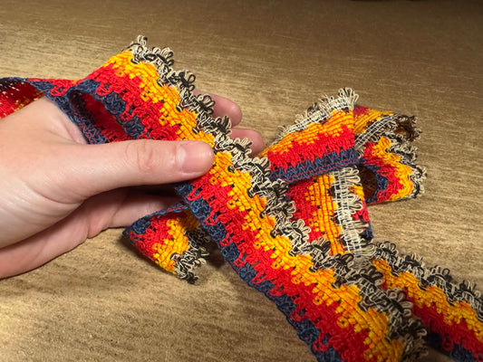 Crochet lace edging trim fabric with scallop, per metre - stripe - orange red & navy