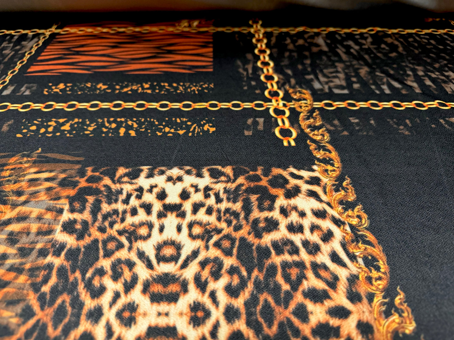 Scuba crepe fabric stretch spandex jersey, per metre - Designer tiger leopard and chains print - black & gold