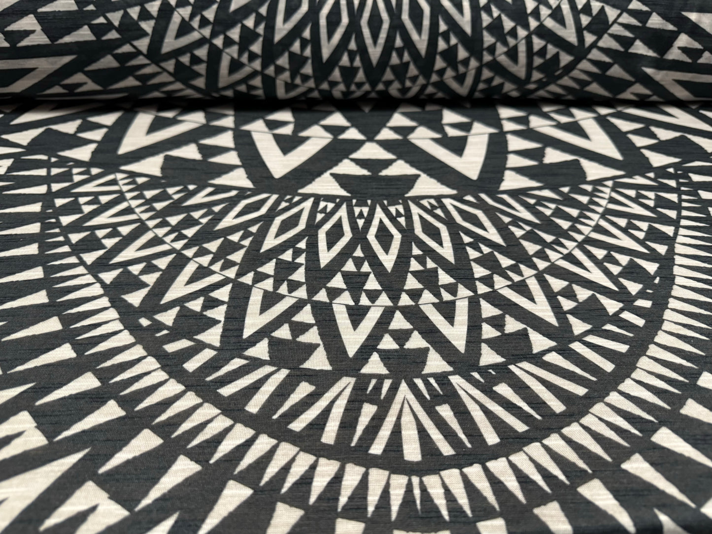 Soft handle single jersey fashion fabric, per metre - tribal tattoo print- ecru & black