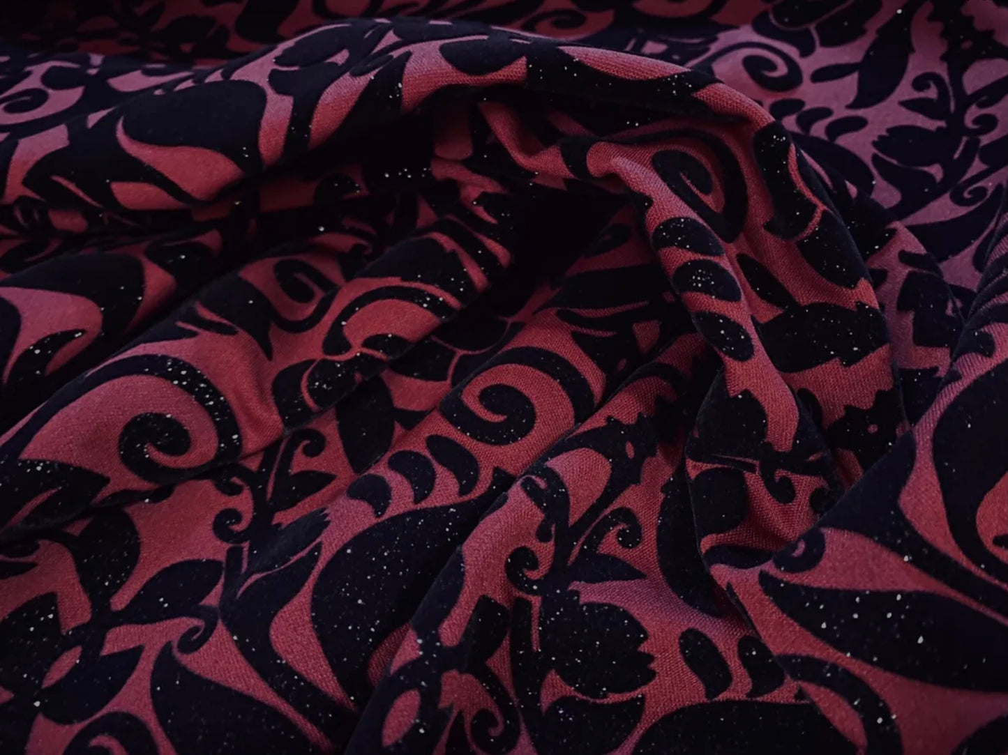 Stretch spandex double jersey fabric, per metre - flocked damask print with glitter sparkle - wine