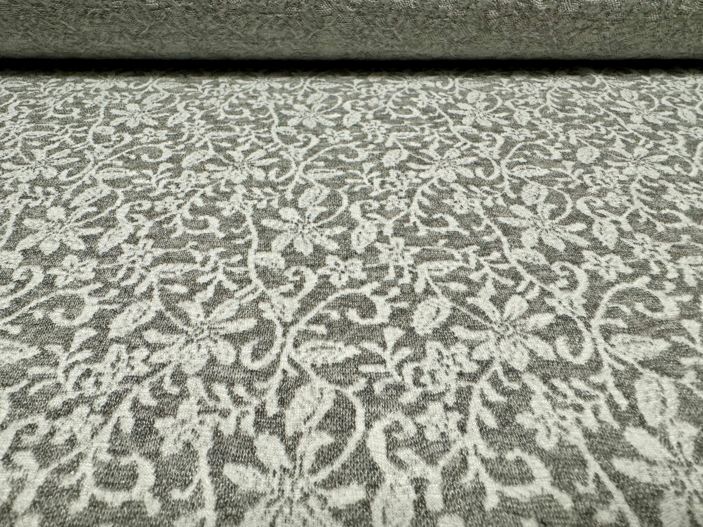 Stretch double jersey fashion fabric, per metre - floral damask jacquard - light grey