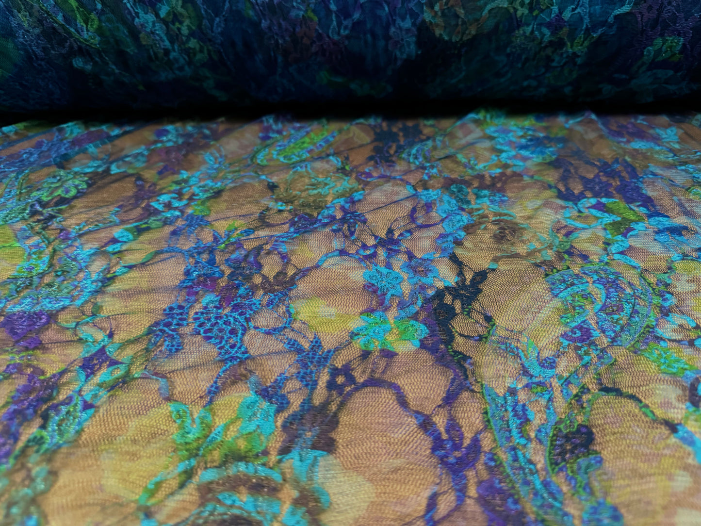 Stretch spandex mesh lace fabric, per metre - paisley rose print - blue turquoise & purple