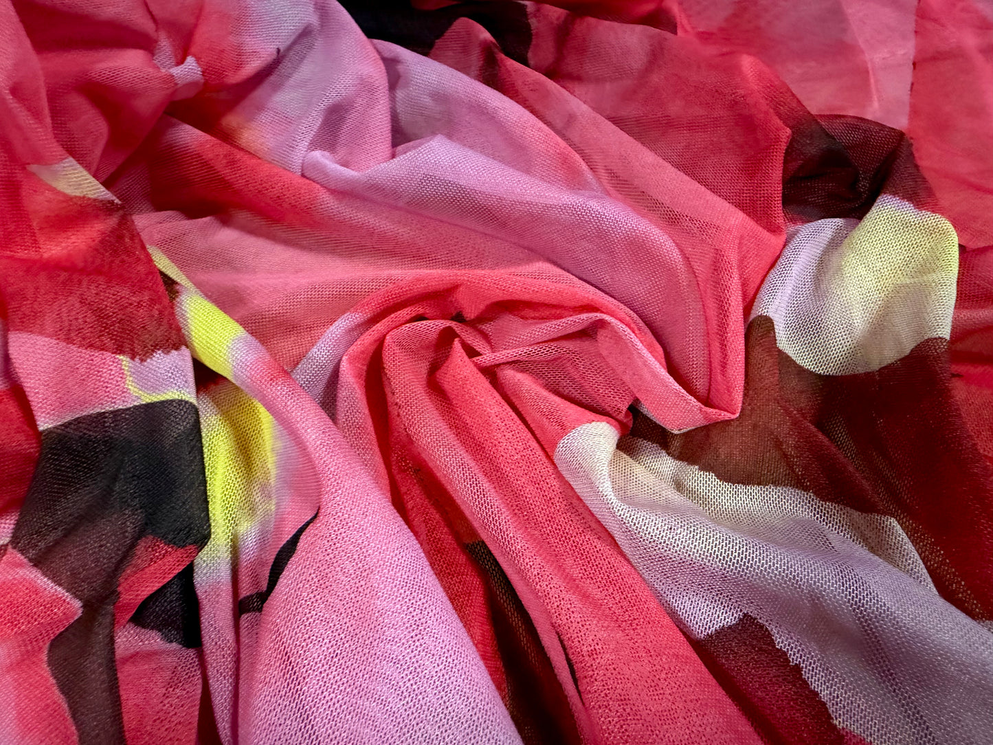 Power mesh net stretch spandex fabric, per metre - brush stroke lily print - cerise & lime