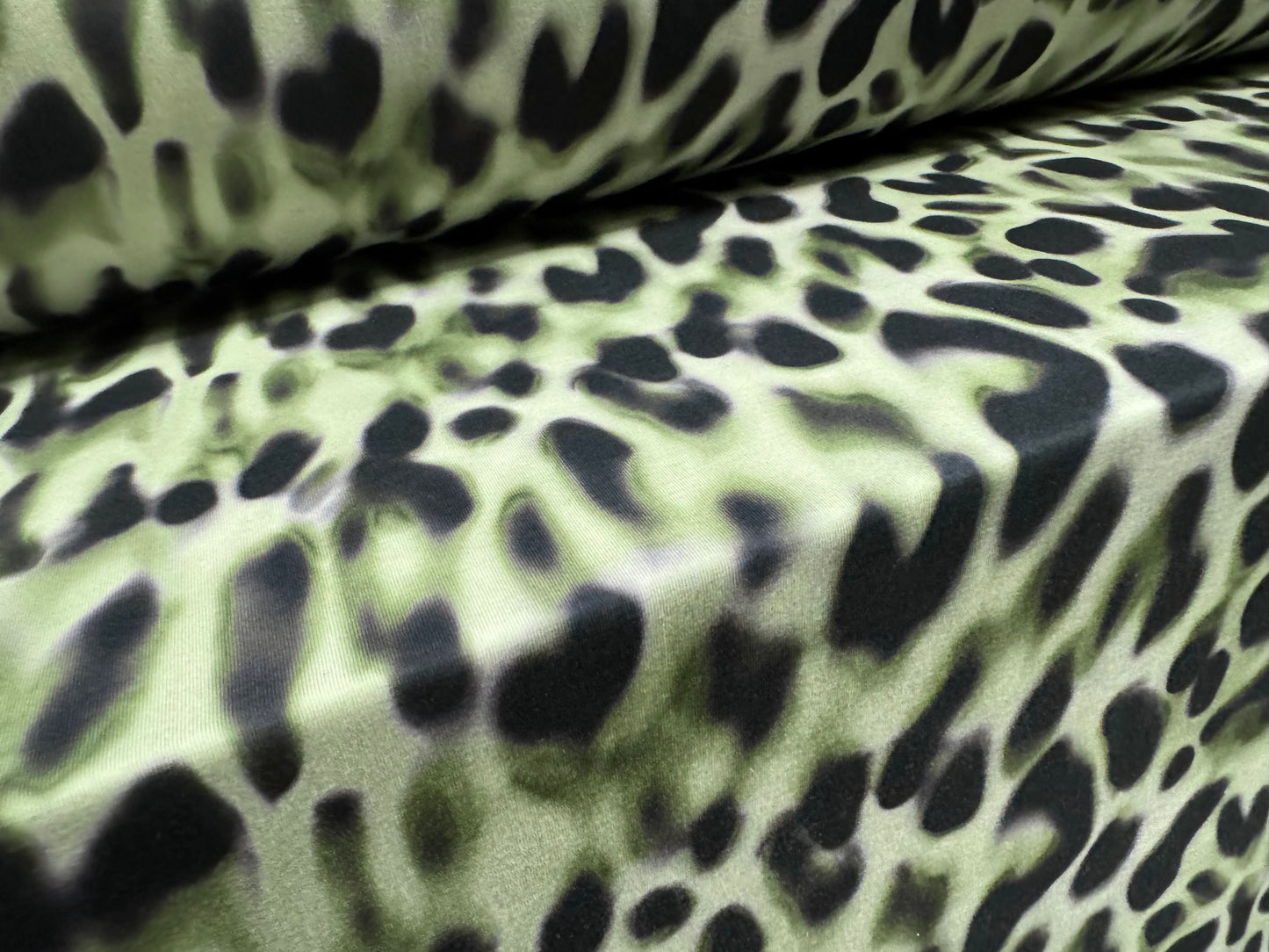 Stretch spandex interlock jersey fabric, per metre - leopard smudge print - sage green