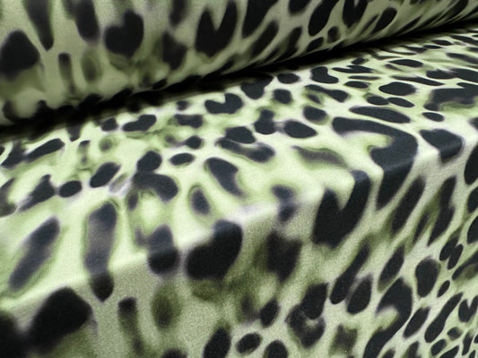 Stretch spandex interlock jersey fabric, per metre - leopard smudge print - sage green