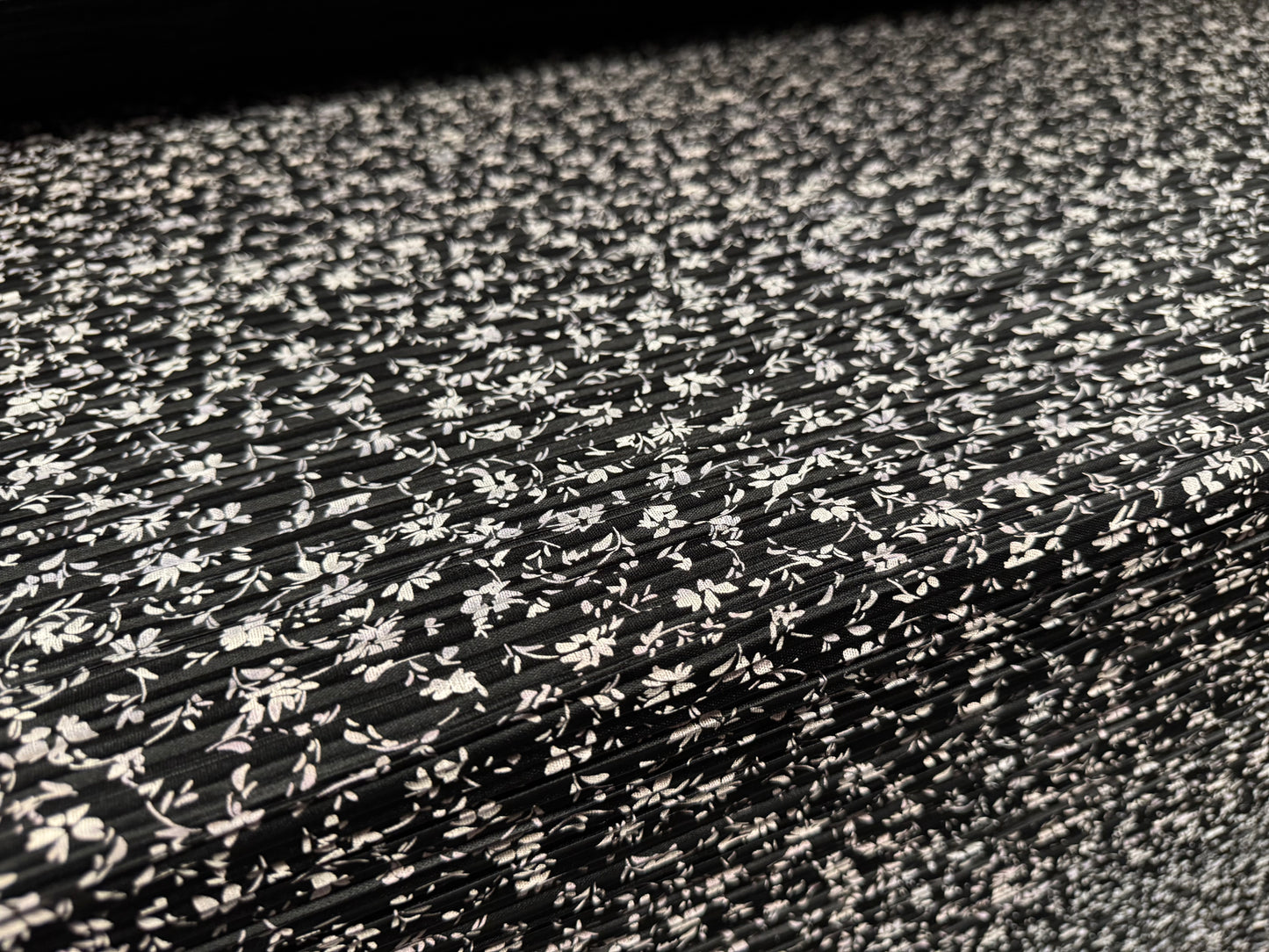 Plissé pleated satin dress fabric, per metre - ditsy flower print - black & white