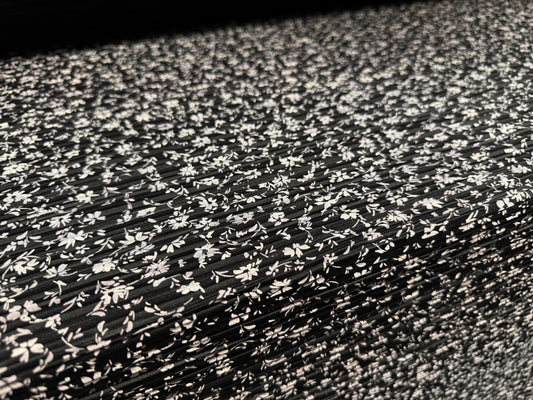 Plissé pleated satin dress fabric, per metre - ditsy flower print - black & white
