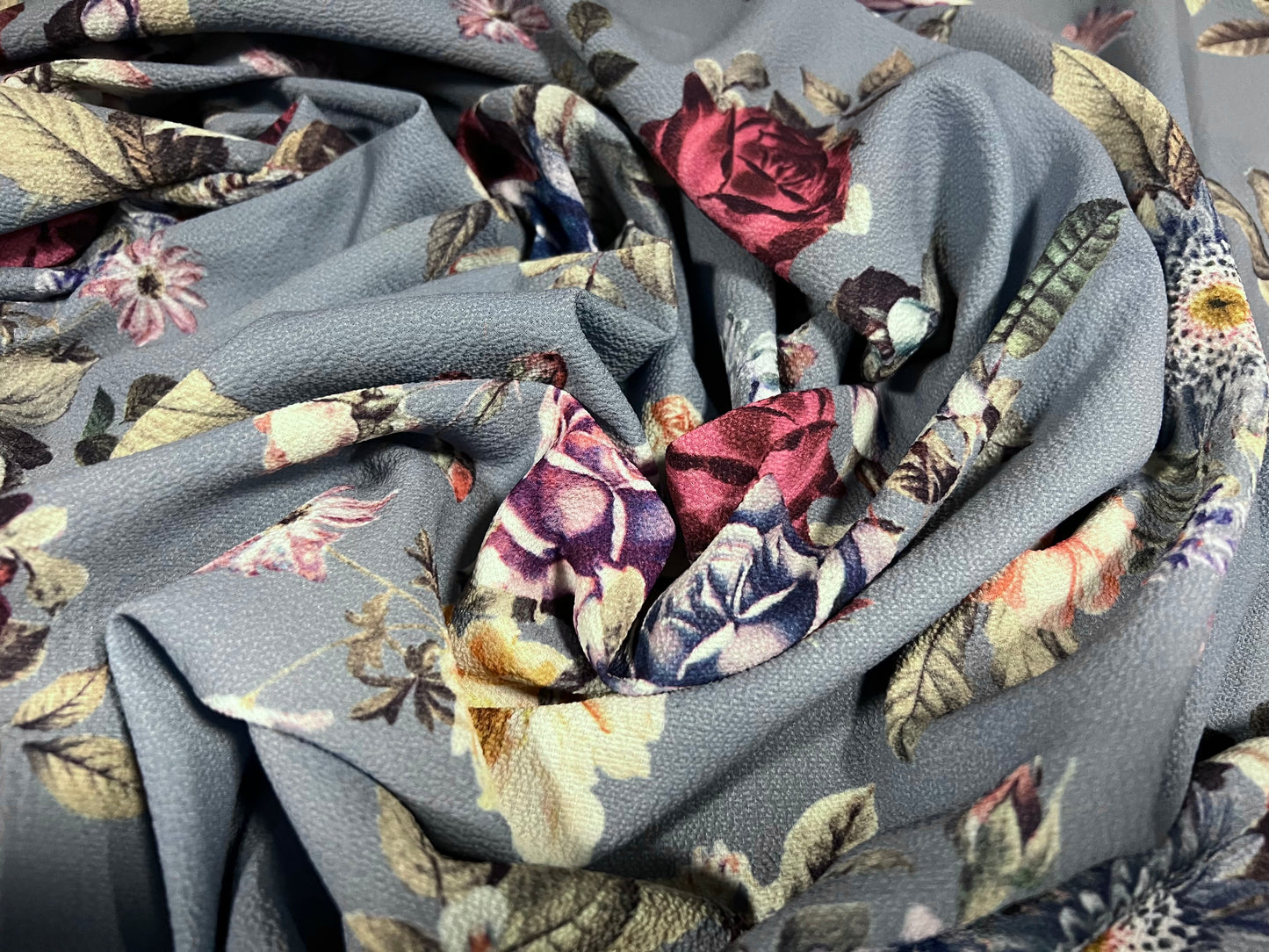 Pebble crepe woven dress fabric, per metre - rose flower print - powder blue