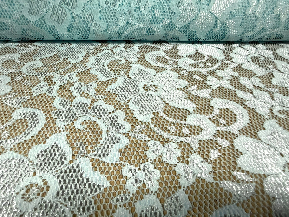 Stretch spandex lace dress fabric with scalloped selvedge, per metre - floral - aqua